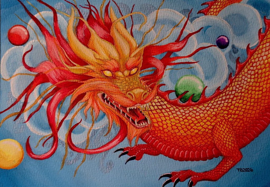 Luck Dragon Original Watercolor Framed Painting