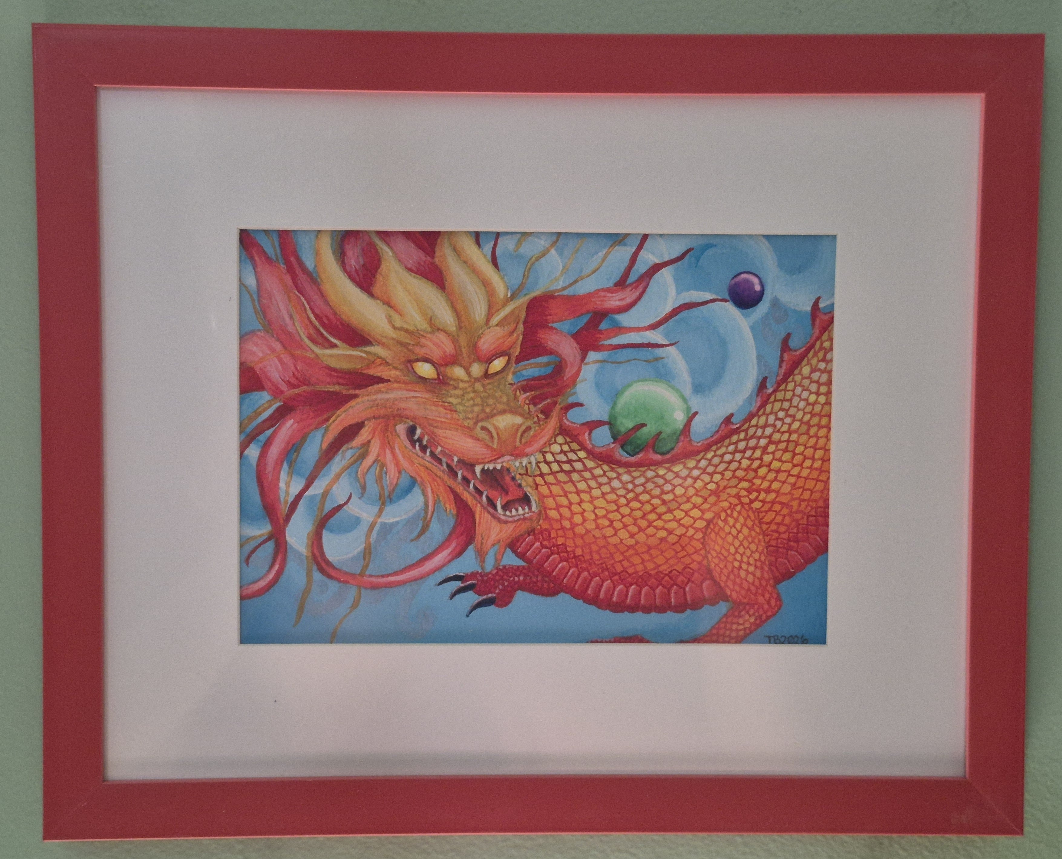 Luck Dragon Original Watercolor Framed Painting
