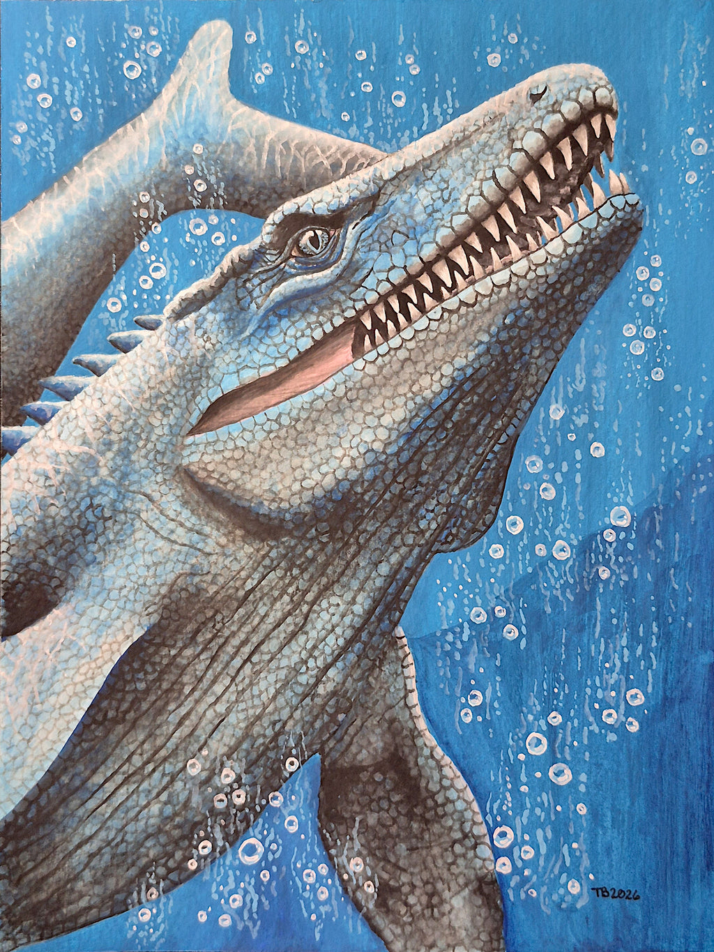 Original Framed Mosasaurus Gouache Painting 6" x 9"