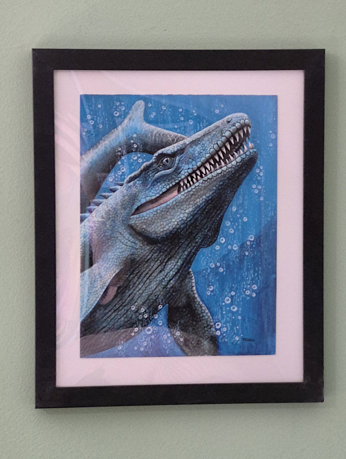 Original Framed Mosasaurus Gouache Painting 6" x 9"