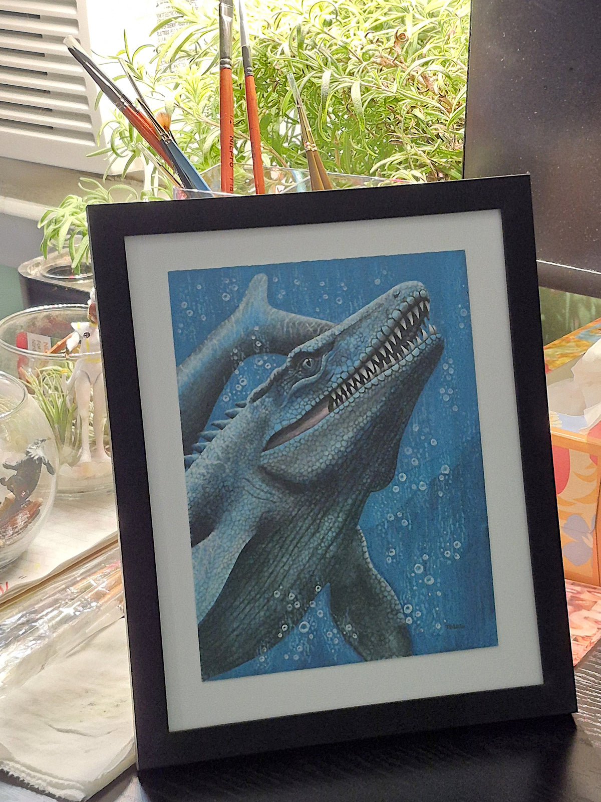 Original Framed Mosasaurus Gouache Painting 6" x 9"