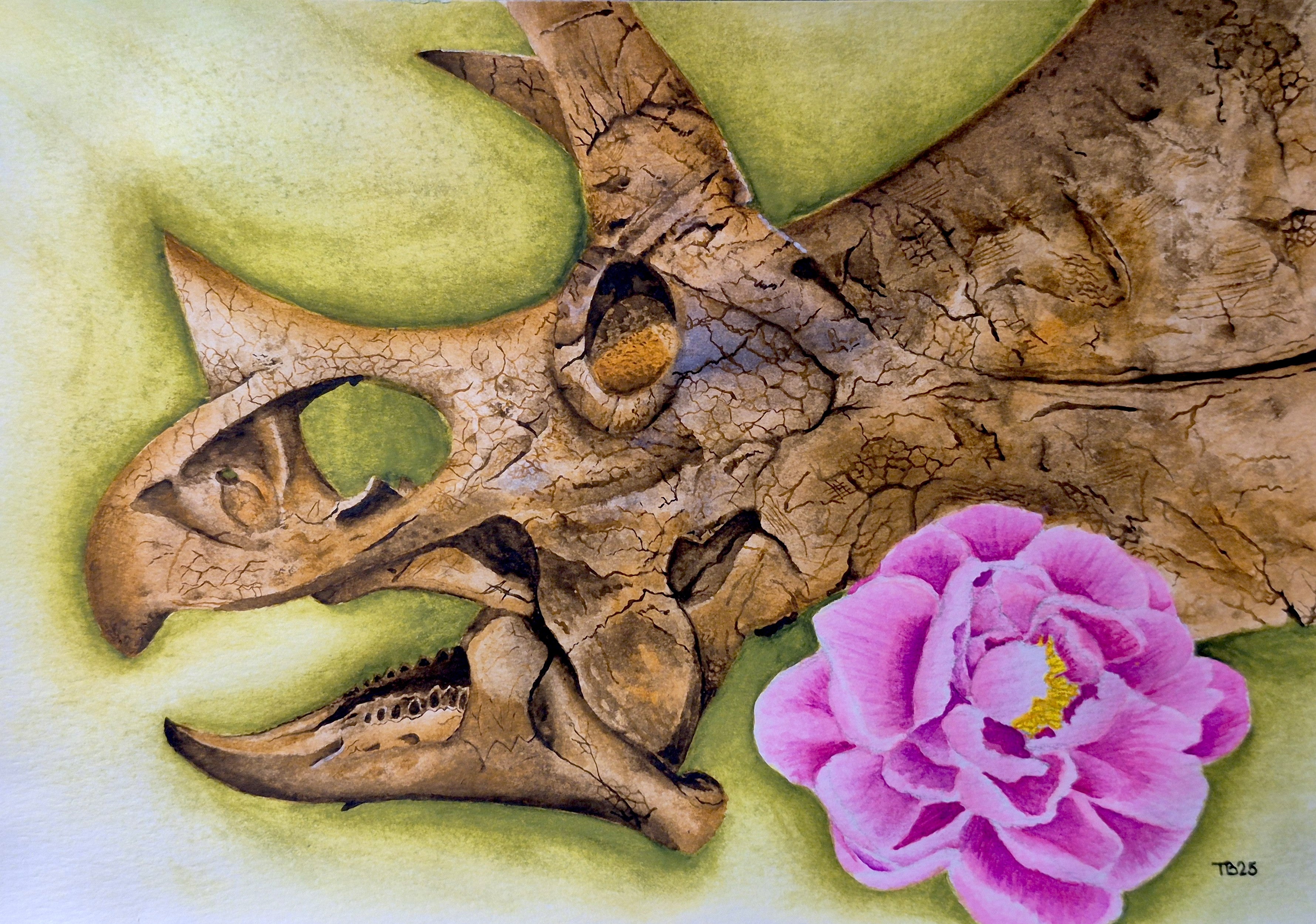 Triceratops and Peony Painting Print