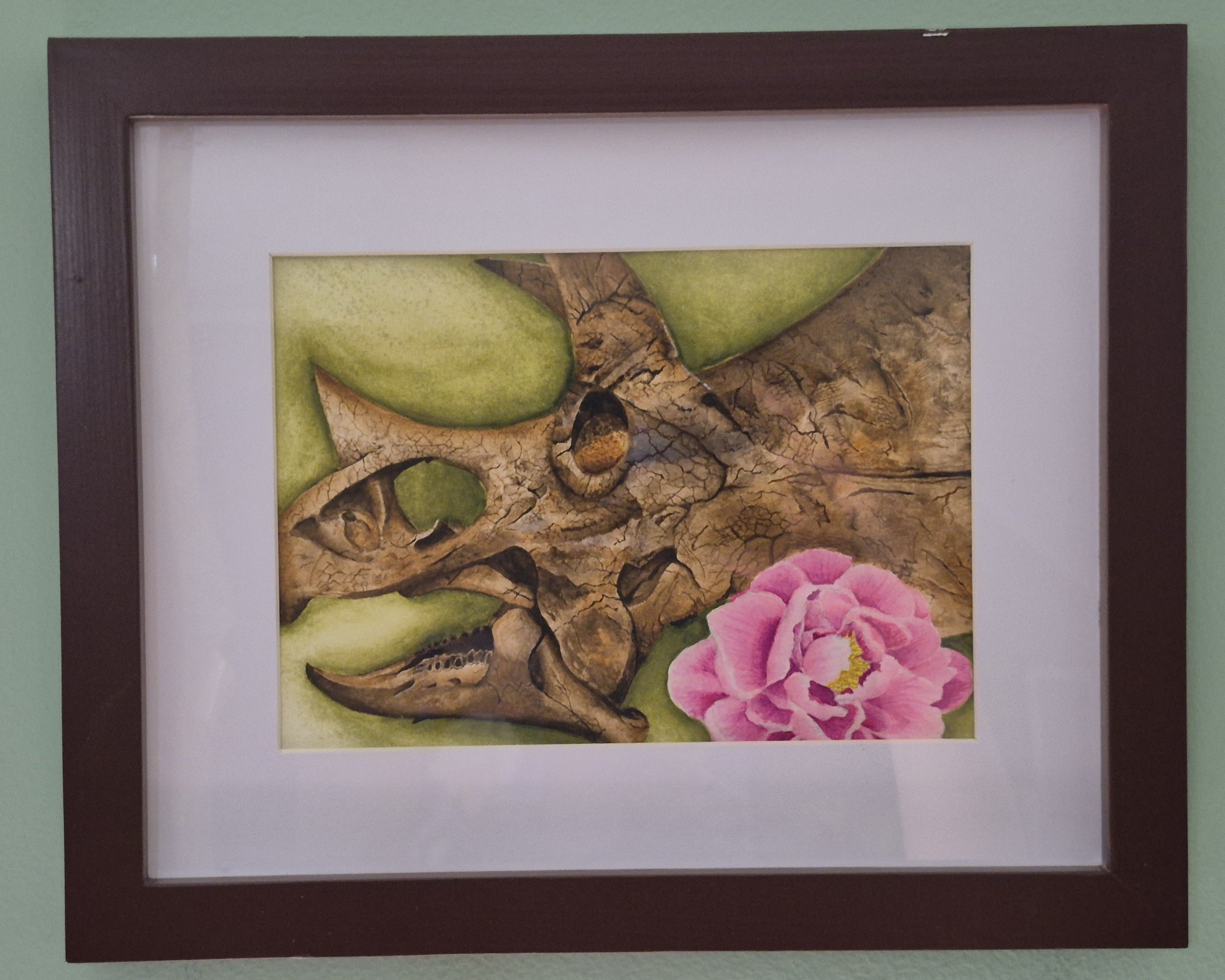 Triceratops and Peony Original Watercolor Framed Painting